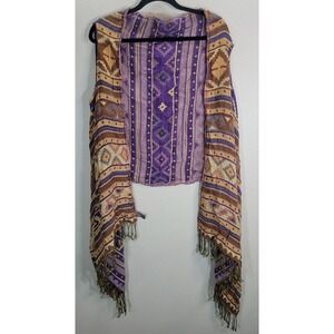 Raj Boho Rayon Scarf Vest One Size Purple Brown Fringe Open Drape Layering Piece